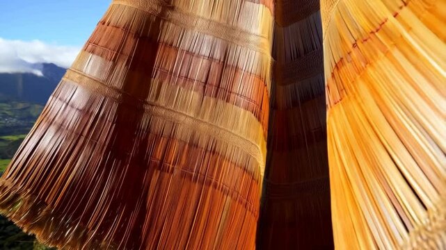 Close-up of woven raffia textile with fringe detail, overlooking lush green valley and mountains with cloudscape on sunny day
