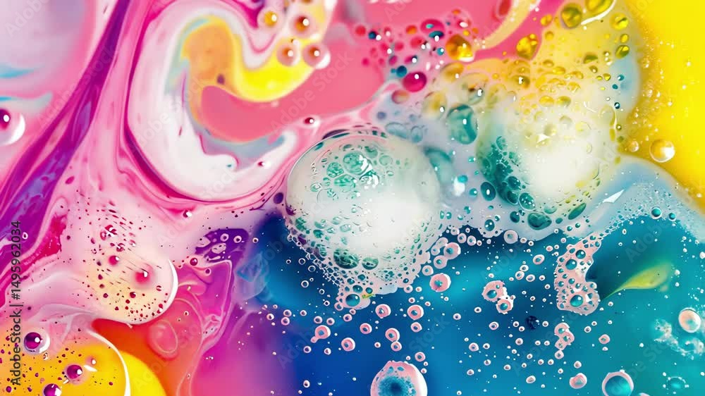 Poster colorful abstract animation background with liquid bubbles, soap foam and vibrant swirling patterns 