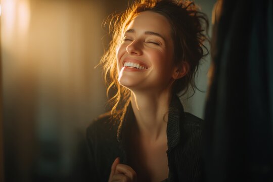 A beautiful woman with a radiant smile, basking in the soft golden light, exudes pure joy and happiness, with her eyes closed and head tilted back in bliss.