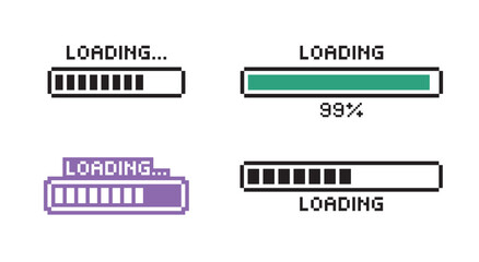 Set of loading pixel icon. Pixel art loading bar concept. Load bar. loading or installing bar. Pixel 8-bit loading bar, video game UI