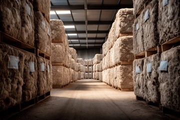 Obraz premium Brightly lit storage space showcases neatly stacked bales of raw wool lining both sides. The organized layout highlights the quantity and texture of the wool while sunlight filters through