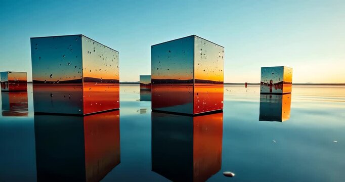 Reflective cubes stand in shallow water, mirroring the colorful sky during sunset.