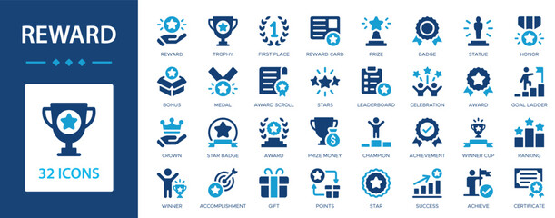 Reward flat icons collection. Trophy, medal, achievement, award, certificate, winner, honor, prize, gift, points, champion sign set.