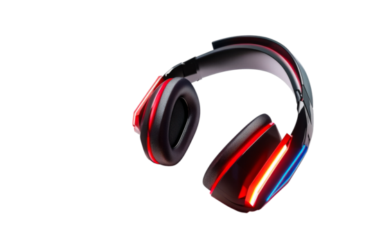 Gamer headphones with glowing red and blue lights, cut out transparent