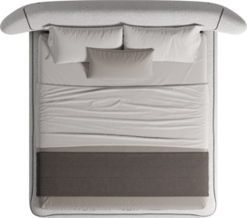 Top view of double bed with headboard and blanket	