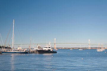 boats moored in a harbor in Jamestown Rhode Island