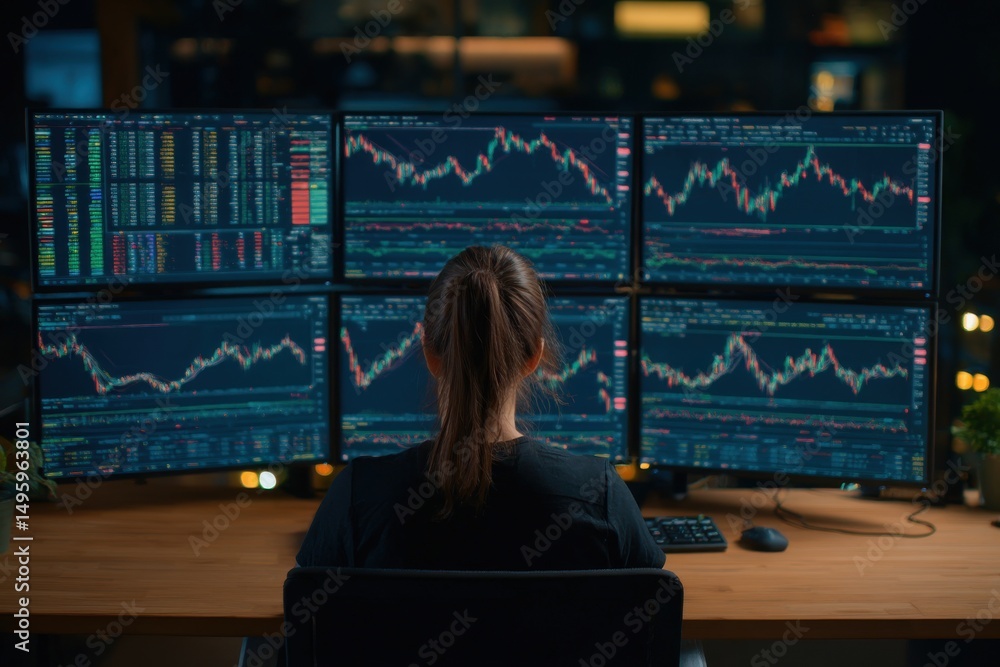 Aufkleber a dedicated female trader analyzing complex financial data on multiple monitors, working late into t