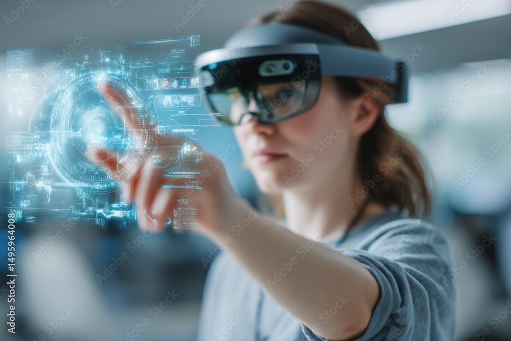 Poster a young woman wearing augmented reality headset, interacting with digital interface, displaying comp