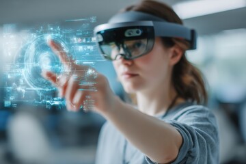 A young woman wearing augmented reality headset, interacting with digital interface, displaying complex data and futuristic technology, creating a virtual and immersive experience.