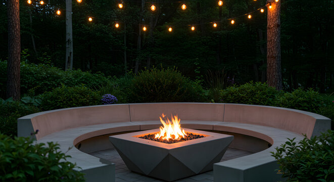 Elegant Outdoor Fire Pit Gathering Space In A Secluded Backyard At Dusk