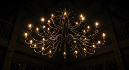 Fototapeta premium Intricate Branch Chandelier Illuminating A Rustic Interior With Warm Light
