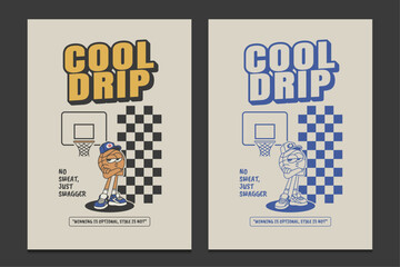 retro 30s-style poster featuring a cool basketball cartoon character standing beside a hoop, vector illustration