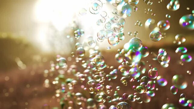 Floating iridescent soap bubbles with reflections catch the light and create a dreamlike abstract effect, artistic motion for a gentle background.