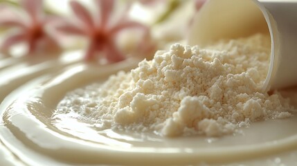 Protein powder supplement spilling from a scoop on a creamy smooth texture photo
