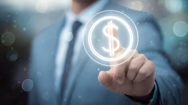 Businessman in suit interacting with digital dollar sign icon in modern office environment for finance, investment, and technology concepts