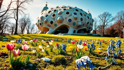 Brightly colored Easter eggs shine on the green lawn in the sunshine, shimmering in iridescent patterns
