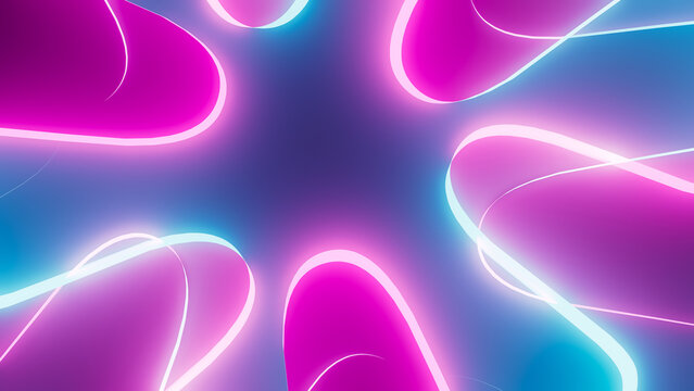 Vibrant geometric neon shapes create an abstract light display