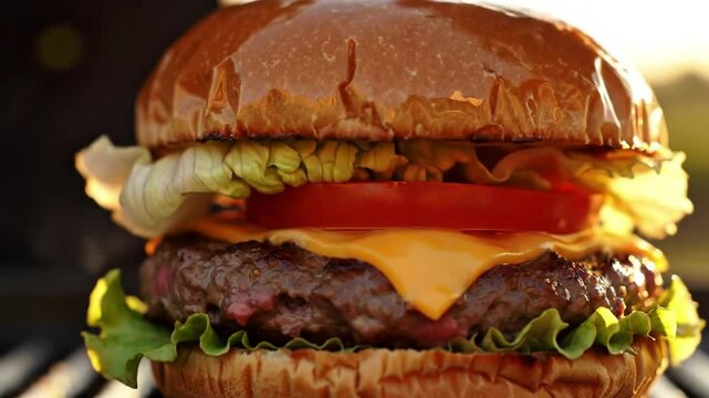 A close up of a cheeseburger with tomato lettuce and steam on a grill in bright sunlight outdoors, freely faling burger ingredients