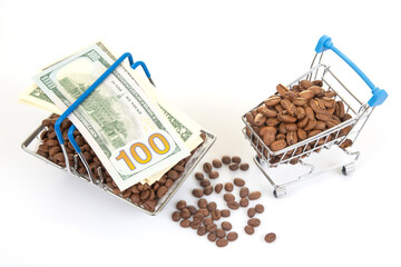 Coffee beans in small shopping carts with dollar bills, symbolizing commerce, retail, and the economics of the coffee industry on a clean white surface