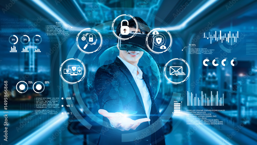 Poster project manager holding security system hologram and standing at futuristic office with blue glowing
