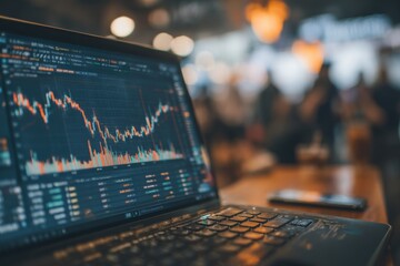 Close-up of a laptop screen displaying stock market charts during a business meeting, showcasing investment analysis and financial data on a wooden table.