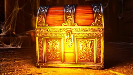 Illuminated treasure chest with ornate golden decorations sits on a stone floor in an underground cavern covered in cobwebs and shadows. - Powered by Adobe