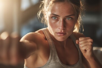 Intense portrait of a determined and focused young woman training in a gym, boxing stance, healthy lifestyle and sport concept, ready to fight, portrait.