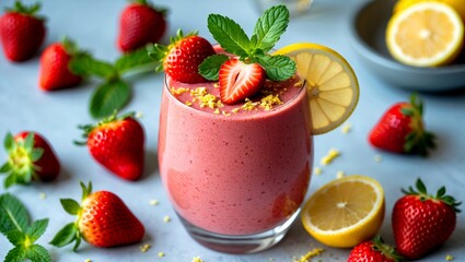 Refreshing strawberry smoothie with mint and lemon