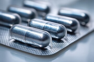 A close-up studio shot featuring a row of blue capsules resting inside a blister pack, medical theme highlighting medication, health, and pharmaceutical industry focus.