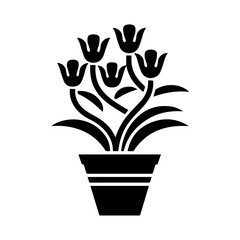 Black silhouette of a potted flowering plant with broad leaves and five-petal blossoms, centered on a white background. Decorative floral design ideal for prints, crafts, or botanical themes.