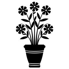 Black silhouette of a potted flowering plant with broad leaves and five-petal blossoms, centered on a white background. Decorative floral design ideal for prints, crafts, or botanical themes.