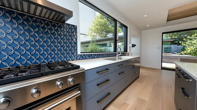 Modern kitchen design featuring stylish appliances and elegant tile backsplash with natural light flowing in