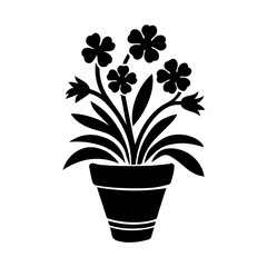 Black silhouette of a potted flowering plant with broad leaves and five-petal blossoms, centered on a white background. Decorative floral design ideal for prints, crafts, or botanical themes.