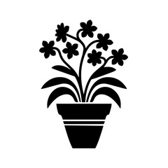 Black silhouette of a potted flowering plant with broad leaves and five-petal blossoms, centered on a white background. Decorative floral design ideal for prints, crafts, or botanical themes.