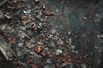 Grey and Brown Debris Scattered on Dark Floor of Abandoned Building Interior Varient 5