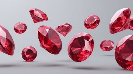 Multiple sparkling, faceted red rubies are floating against a soft grey background, creating a dazzling and luxurious display of precious gemstones and light reflection.
