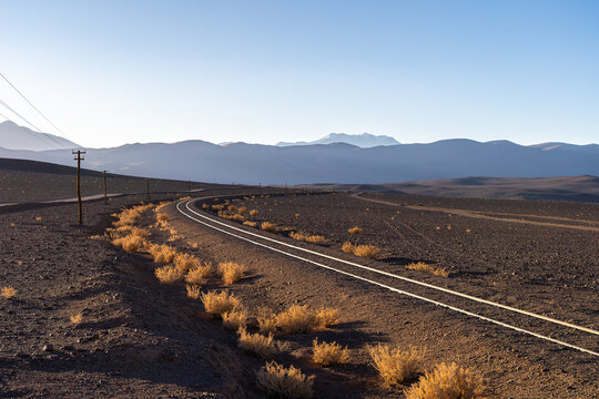 Railroad tracks winding through La Puna, Argentina