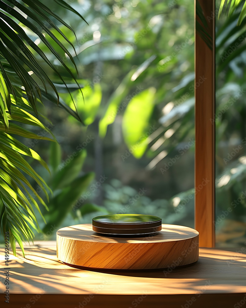 Poster dark object sits on a wooden rotating display platform.