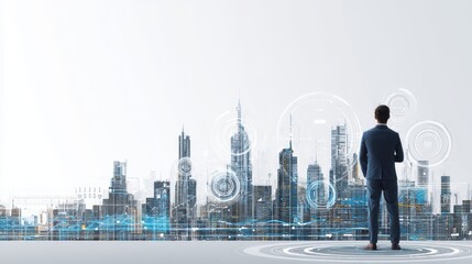 Businessman Looking at Futuristic City Skyline with Digital Interface and Technology Elements in Modern Urban Environment