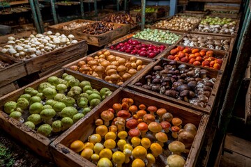 A vibrant market showcases an array of fresh mushrooms and seasonal fruits arranged in wooden crates. The inviting colors hint at a bountiful harvest during autumn