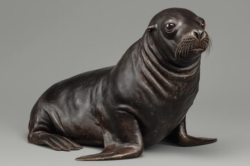 Obraz premium A black sea lion sits on its hind legs, tilts its head to the side, and opens its eyes.