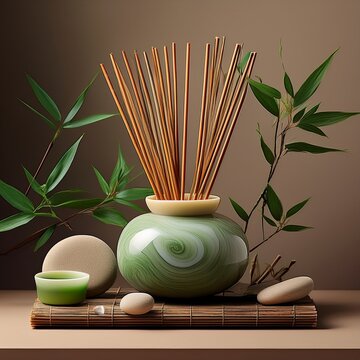 China Jade mit Bambusdeko und R&auml;ucherst&auml;bchen, neutral arrangiert