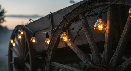 Illuminated Memories: Decorative String Lights on a Vintage Wagon Wheel