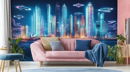 Futuristic city skyline graphic mural in a modern living room.
