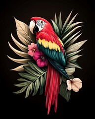 Fototapeta premium A vibrant macaw perched among lush tropical foliage and colorful flowers, showcasing its striking plumage and the beauty of nature's diversity in this artistic composition.