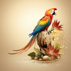 Obraz premium A vibrant macaw perched on a rustic stump surrounded by tropical foliage. The parrot displays stunning colors, captivating viewers with its beauty and grace in a natural setting.