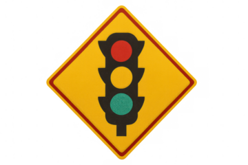 Yellow diamond shaped traffic sign showing a green traffic light, isolated on transparent background