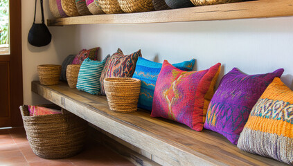 Colorful Throw Pillows and Cozy Sofa Interiors – Modern Home Decor Photography. AI generative.