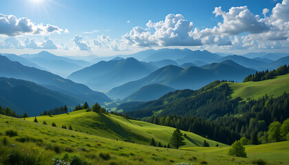 Fototapeta premium Majestic mountain landscape, rolling green hills, lush meadows distant misty peaks fluffy white clouds blue sky panoramic view sunlight breaking through scenery ethere