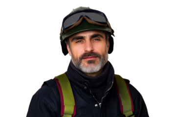 Aviator with helmet and goggles, confident look, gray beard, cut out transparent